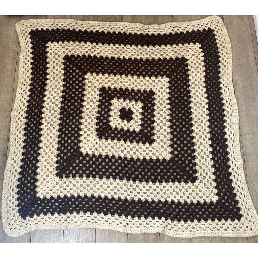 Granny Square Boho Afghan Crochet Handmade Blanket Brown And Cream 49"X52"